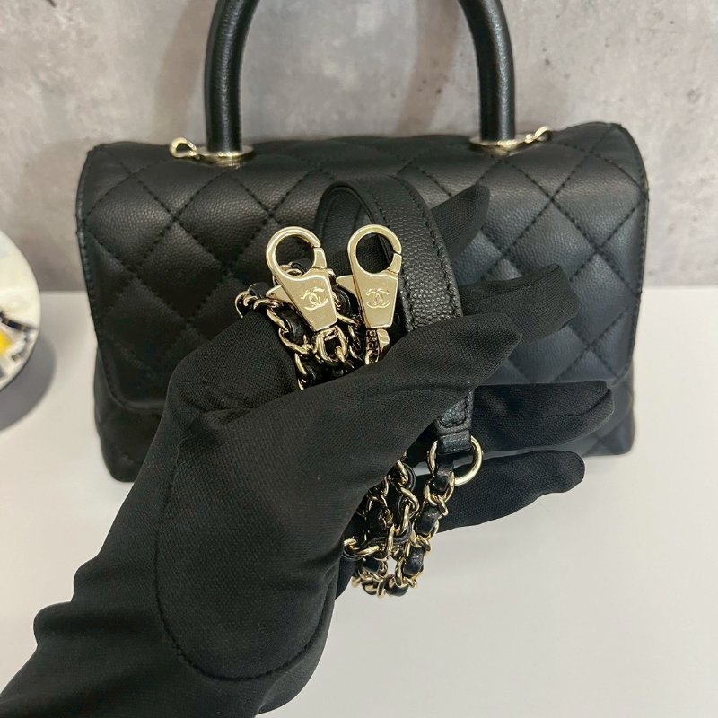 Chanel coco handle24 黑金 荔枝牛 晶片款-9