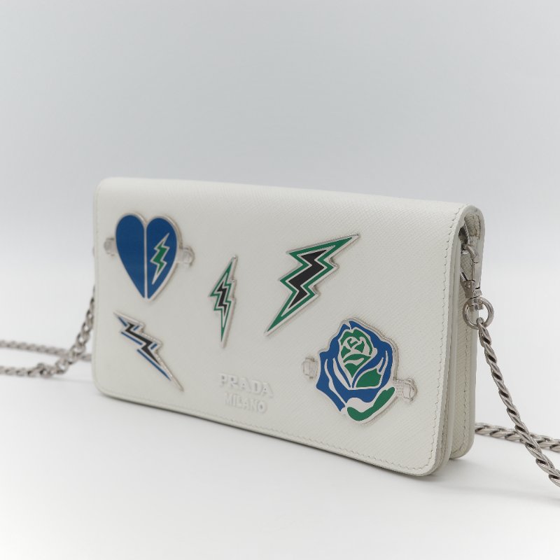 Prada 普拉達  Logo 拼接趣味圖案 經典白色 Saffiano 防刮牛皮 金屬可拆卸鍊帶 WOC 斜背長夾-3