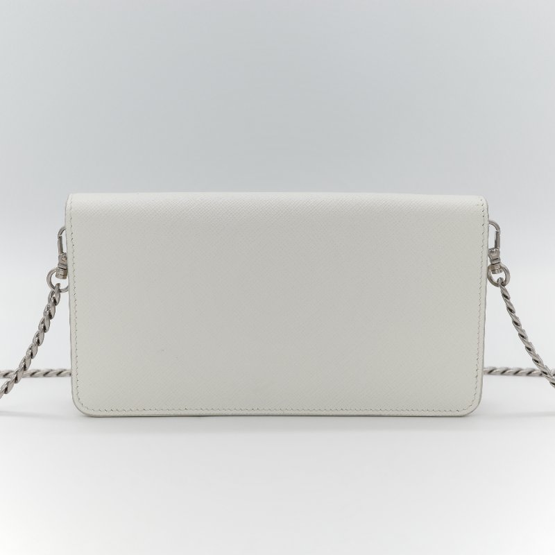 Prada 普拉達  Logo 拼接趣味圖案 經典白色 Saffiano 防刮牛皮 金屬可拆卸鍊帶 WOC 斜背長夾-4