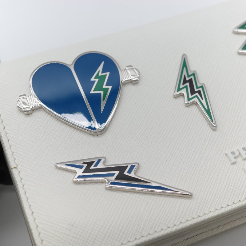 Prada 普拉達  Logo 拼接趣味圖案 經典白色 Saffiano 防刮牛皮 金屬可拆卸鍊帶 WOC 斜背長夾-17