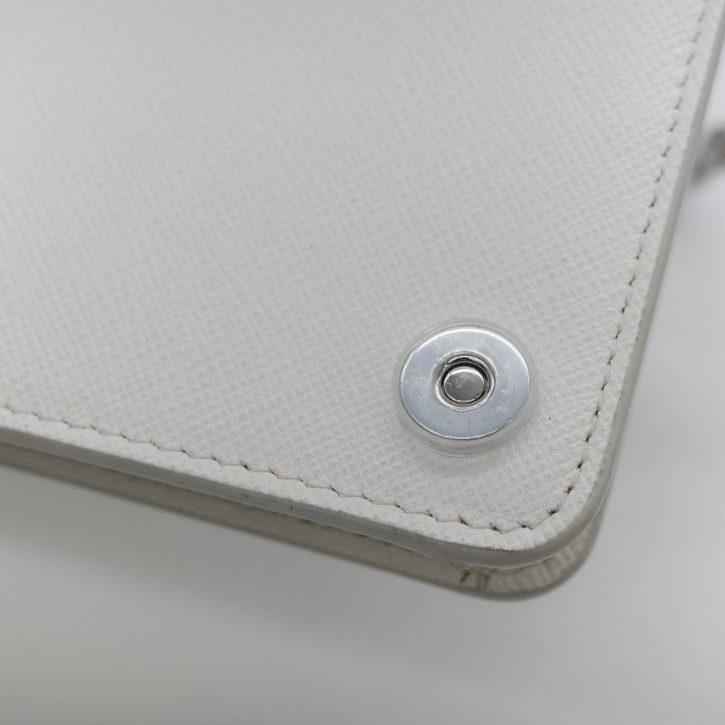 Prada 普拉達  Logo 拼接趣味圖案 經典白色 Saffiano 防刮牛皮 金屬可拆卸鍊帶 WOC 斜背長夾-20