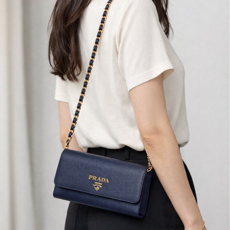 Prada 時尚藍Saffiano 牛皮革鏈條長夾-8