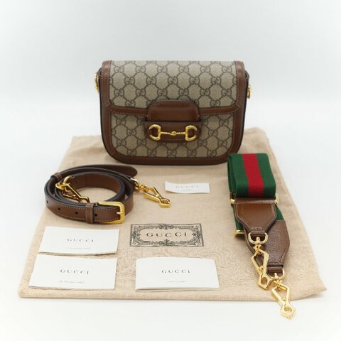 Gucci 古馳 Horsebit 1955 經典烏木色 GG Supreme 帆布 小牛皮 雙背帶 斜背包相機包