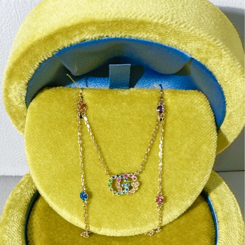 GUCCI古馳雙G 玫瑰金 彩色寶石項鍊-0