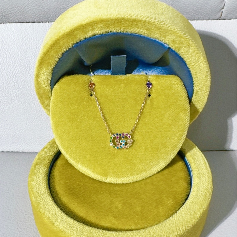 GUCCI古馳雙G 玫瑰金 彩色寶石項鍊-1