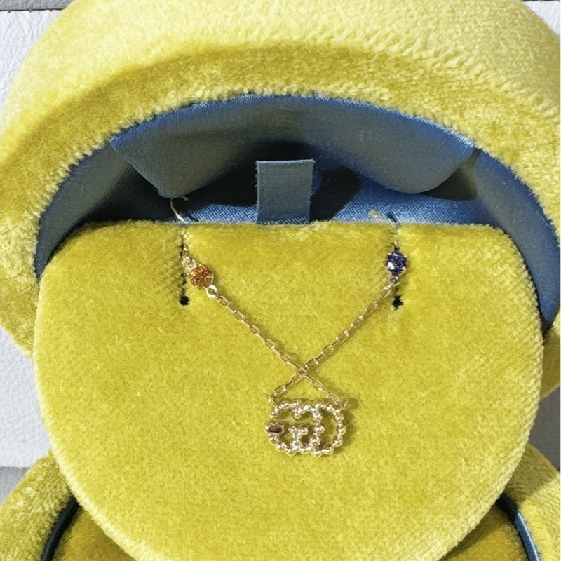 GUCCI古馳雙G 玫瑰金 彩色寶石項鍊-2