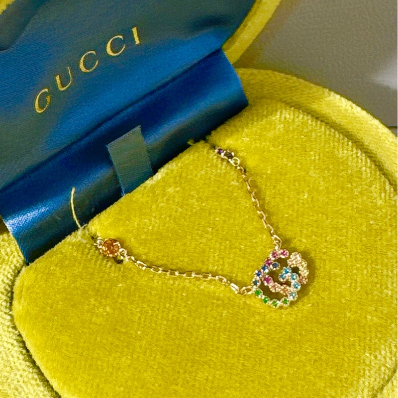 GUCCI古馳雙G 玫瑰金 彩色寶石項鍊-3