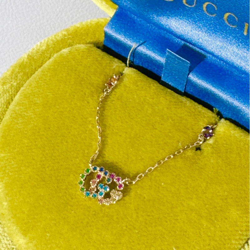 GUCCI古馳雙G 玫瑰金 彩色寶石項鍊-4