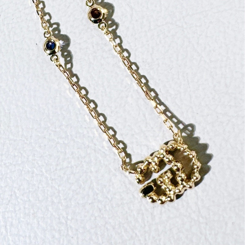 GUCCI古馳雙G 玫瑰金 彩色寶石項鍊-6