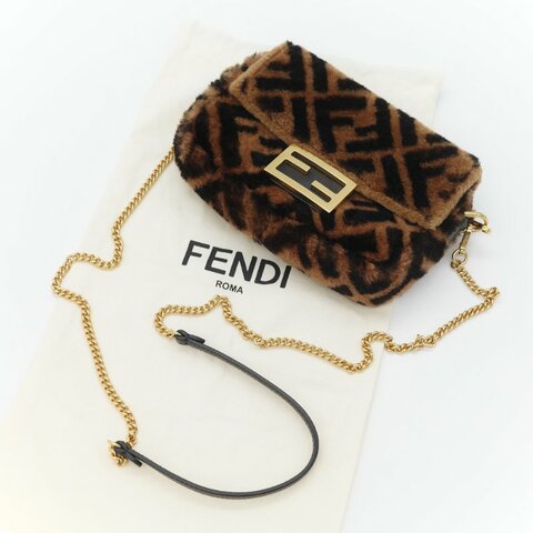 Fendi 芬迪 Baguette 經典FF Logo 滿版 咖啡色 羊毛絨 迷你 腋下肩背 兩用法棍包