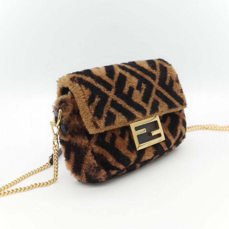 Fendi 芬迪 Baguette 經典FF Logo 滿版 咖啡色 羊毛絨 迷你 腋下肩背 兩用法棍包-3