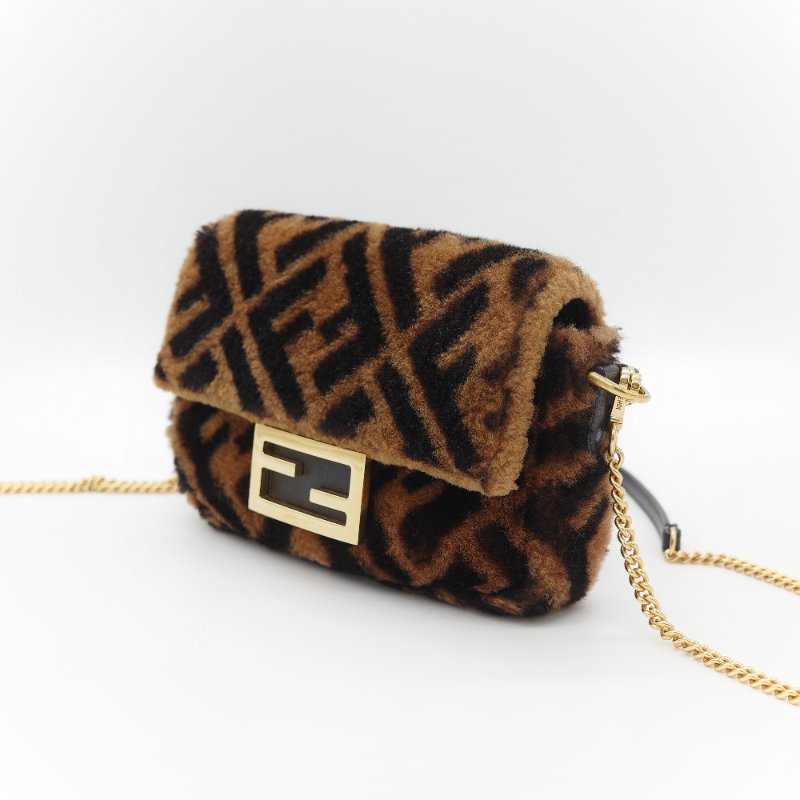 Fendi 芬迪 Baguette 經典FF Logo 滿版 咖啡色 羊毛絨 迷你 腋下肩背 兩用法棍包-4