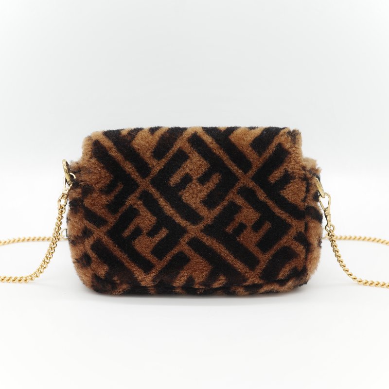 Fendi 芬迪 Baguette 經典FF Logo 滿版 咖啡色 羊毛絨 迷你 腋下肩背 兩用法棍包-5