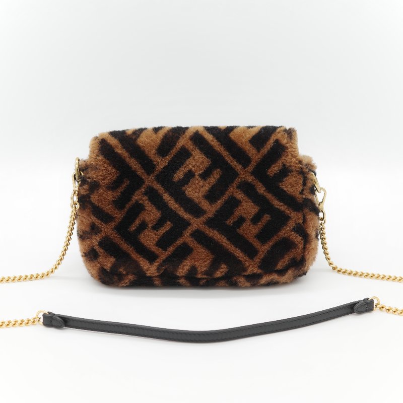 Fendi 芬迪 Baguette 經典FF Logo 滿版 咖啡色 羊毛絨 迷你 腋下肩背 兩用法棍包-6