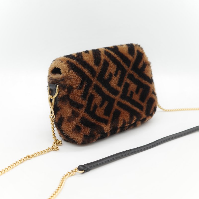 Fendi 芬迪 Baguette 經典FF Logo 滿版 咖啡色 羊毛絨 迷你 腋下肩背 兩用法棍包-7