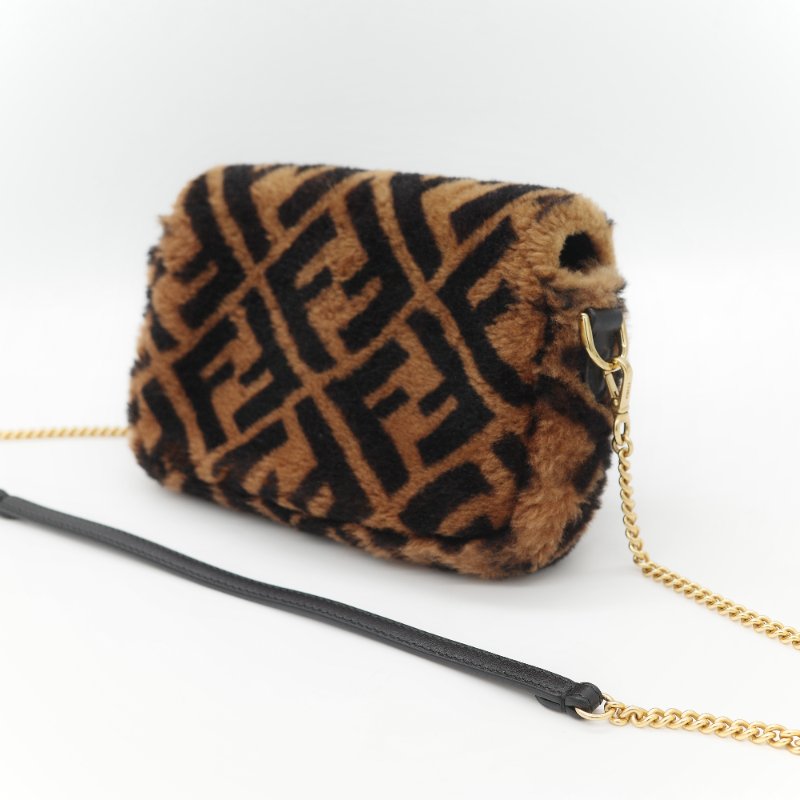 Fendi 芬迪 Baguette 經典FF Logo 滿版 咖啡色 羊毛絨 迷你 腋下肩背 兩用法棍包-8