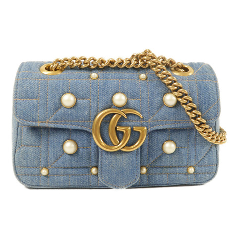 GUCCI 牛仔布GG Marmont金扣鏈帶肩背袋