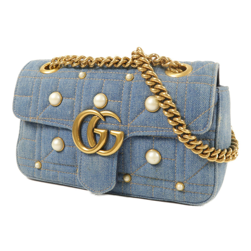 GUCCI 牛仔布GG Marmont金扣鏈帶肩背袋-1