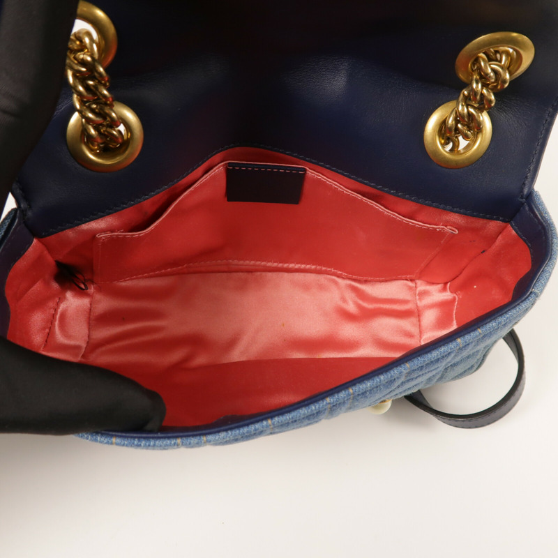 GUCCI 牛仔布GG Marmont金扣鏈帶肩背袋-4