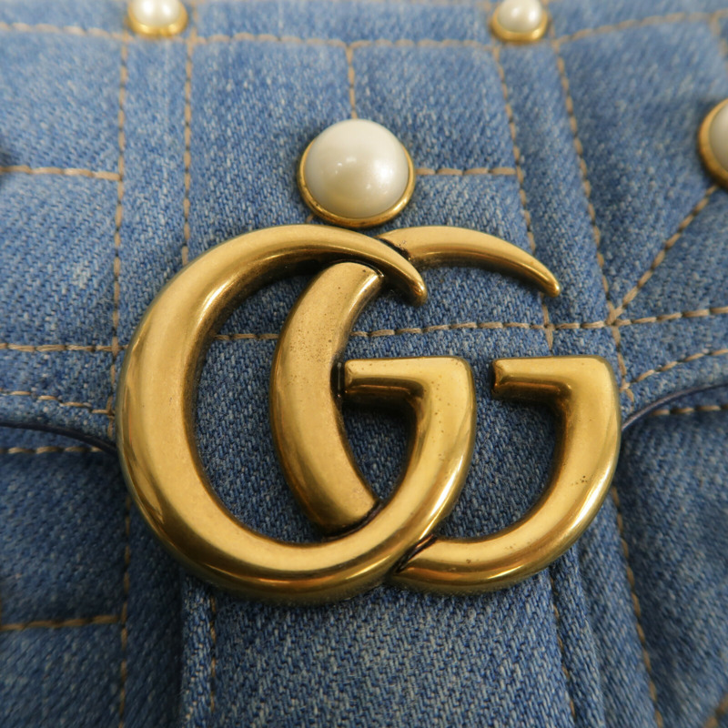 GUCCI 牛仔布GG Marmont金扣鏈帶肩背袋-7