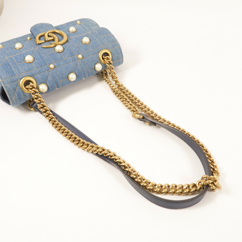 GUCCI 牛仔布GG Marmont金扣鏈帶肩背袋-8