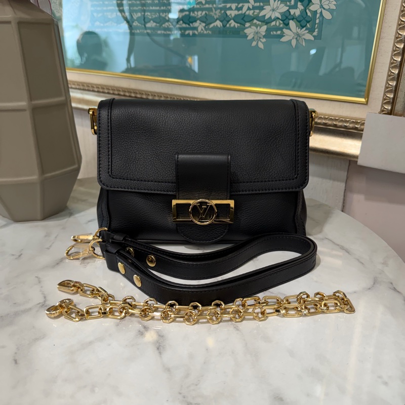 LV 黑牛皮Doupline Soft MM金釦肩斜背包M25209-0