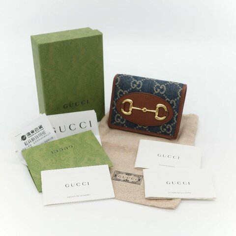 Gucci 古馳 Horsebit 1955 單寧藍 GG 緹花帆布 棕色小牛皮  馬銜扣 雙折式對折短夾