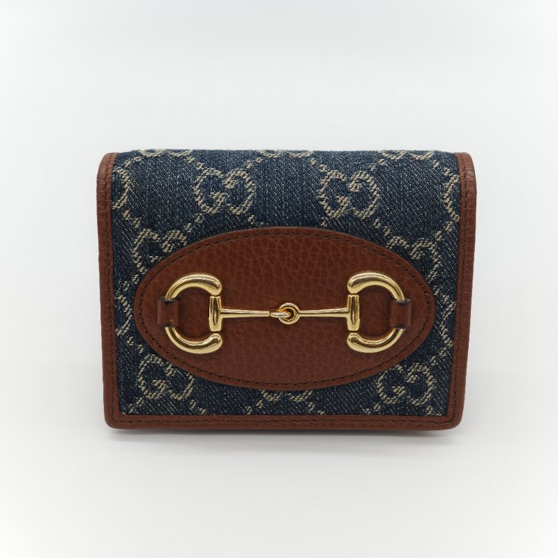 Gucci 古馳 Horsebit 1955 單寧藍 GG 緹花帆布 棕色小牛皮  馬銜扣 雙折式對折短夾-1