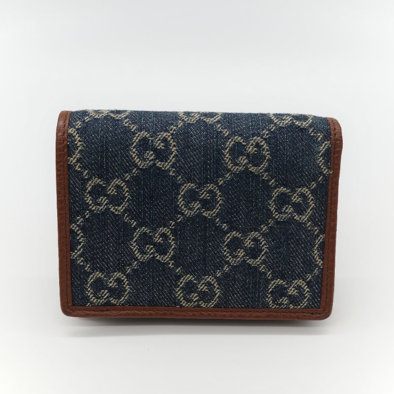 Gucci 古馳 Horsebit 1955 單寧藍 GG 緹花帆布 棕色小牛皮  馬銜扣 雙折式對折短夾-2