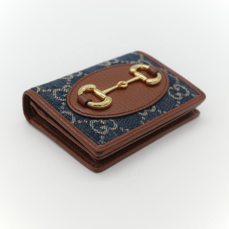 Gucci 古馳 Horsebit 1955 單寧藍 GG 緹花帆布 棕色小牛皮  馬銜扣 雙折式對折短夾-3