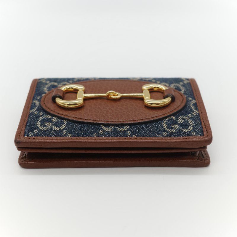 Gucci 古馳 Horsebit 1955 單寧藍 GG 緹花帆布 棕色小牛皮  馬銜扣 雙折式對折短夾-5
