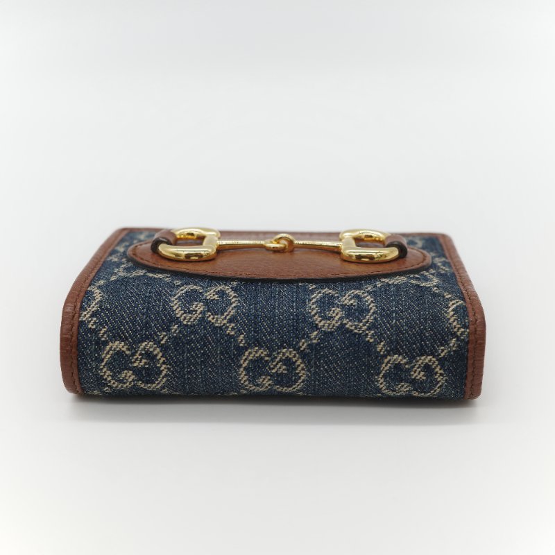 Gucci 古馳 Horsebit 1955 單寧藍 GG 緹花帆布 棕色小牛皮  馬銜扣 雙折式對折短夾-6