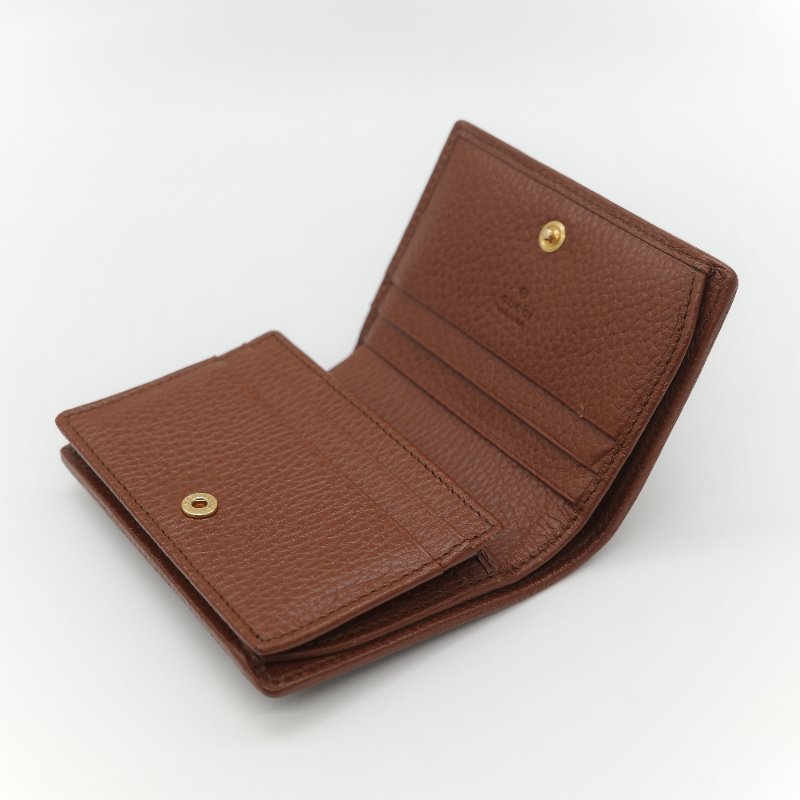 Gucci 古馳 Horsebit 1955 單寧藍 GG 緹花帆布 棕色小牛皮  馬銜扣 雙折式對折短夾-8