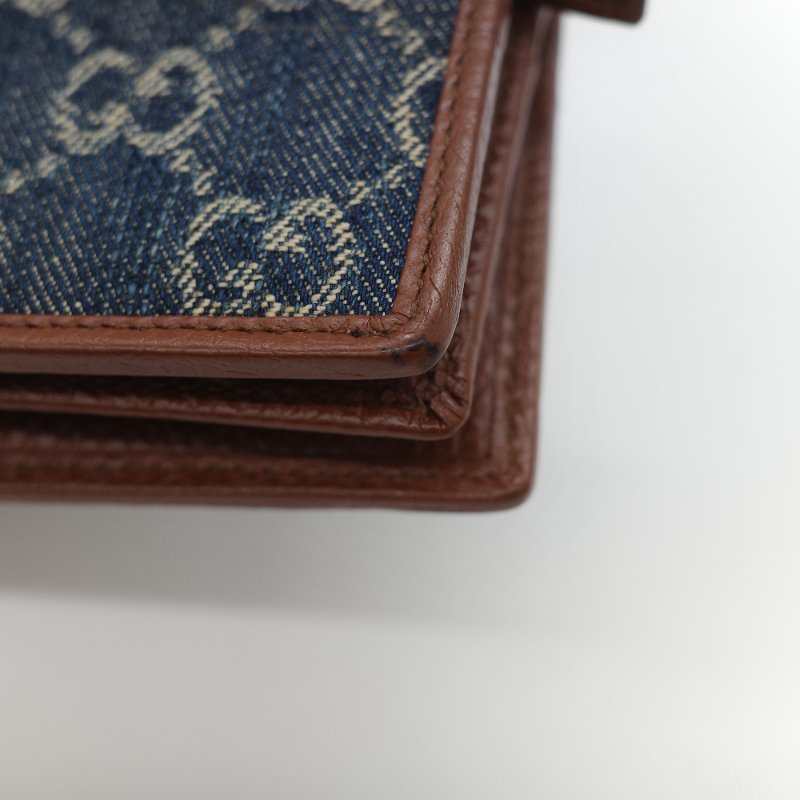 Gucci 古馳 Horsebit 1955 單寧藍 GG 緹花帆布 棕色小牛皮  馬銜扣 雙折式對折短夾-13