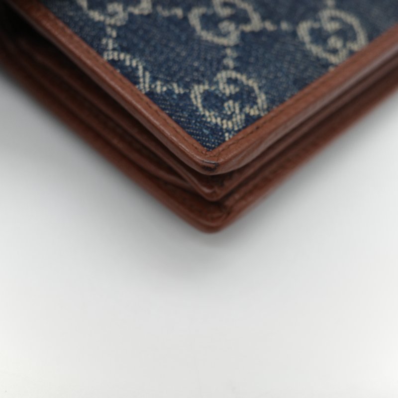 Gucci 古馳 Horsebit 1955 單寧藍 GG 緹花帆布 棕色小牛皮  馬銜扣 雙折式對折短夾-14