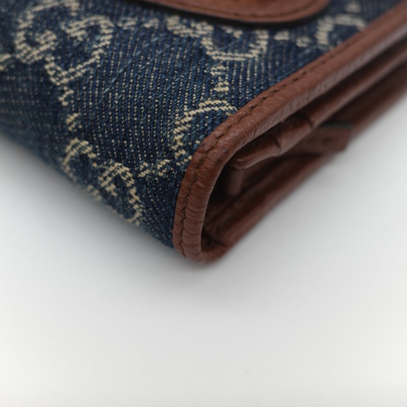 Gucci 古馳 Horsebit 1955 單寧藍 GG 緹花帆布 棕色小牛皮  馬銜扣 雙折式對折短夾-15