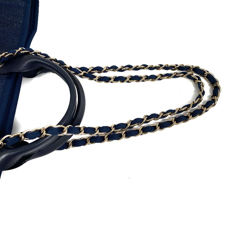 △ Chanel 香奈兒 Navy Raffia Gold Tone Metal Deauville Chain Shoulder Bag No.26 深藍色拉菲草金色金屬鎖鏈肩背袋No.26 - 267005850-10