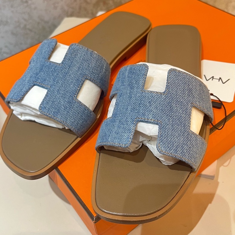 閒置未使用 Hermès 愛馬仕牛仔拖鞋37碼 附件：塵袋+盒-0