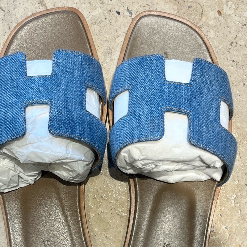 閒置未使用 Hermès 愛馬仕牛仔拖鞋37碼 附件：塵袋+盒-4