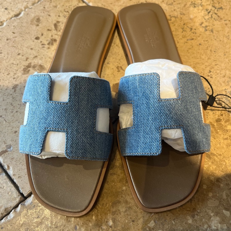 閒置未使用 Hermès 愛馬仕牛仔拖鞋37碼 附件：塵袋+盒-5