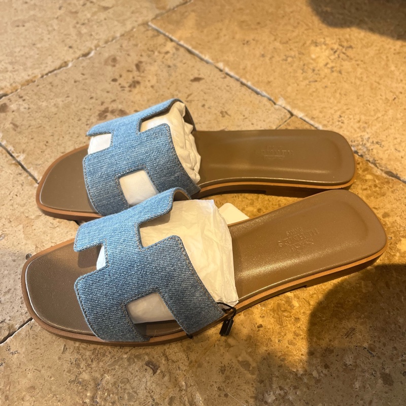 閒置未使用 Hermès 愛馬仕牛仔拖鞋37碼 附件：塵袋+盒-6