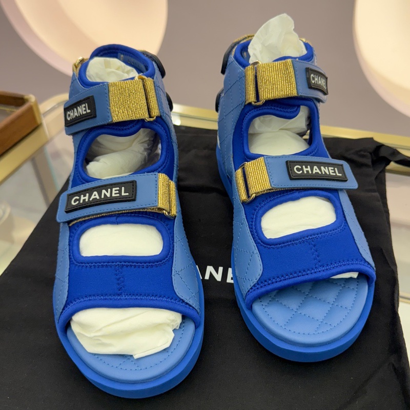 閒置新 CHANEL香奈兒藍色山羊皮涼鞋，高幫沙灘涼鞋魔術貼涼鞋，37.5碼-1