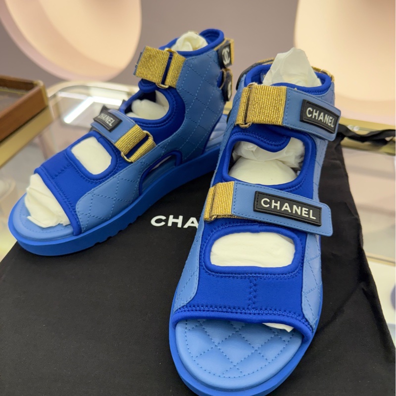 閒置新 CHANEL香奈兒藍色山羊皮涼鞋，高幫沙灘涼鞋魔術貼涼鞋，37.5碼-2