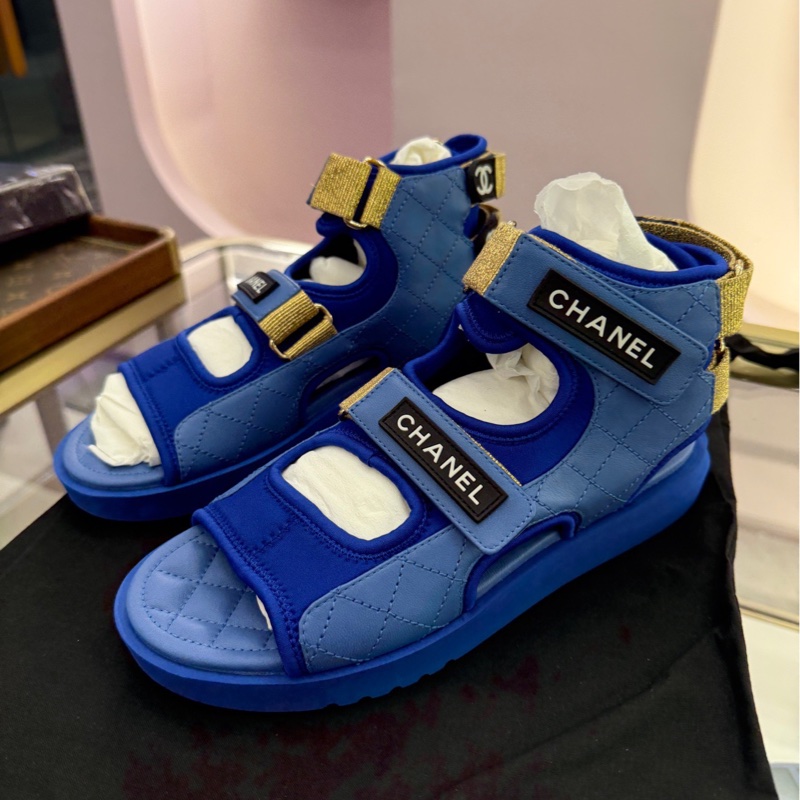閒置新 CHANEL香奈兒藍色山羊皮涼鞋，高幫沙灘涼鞋魔術貼涼鞋，37.5碼-3