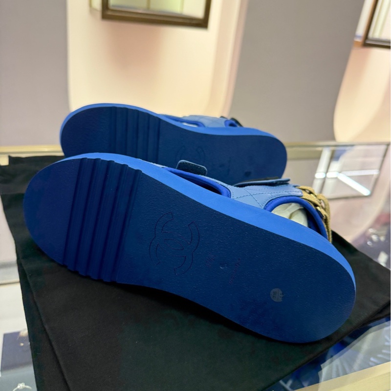 閒置新 CHANEL香奈兒藍色山羊皮涼鞋，高幫沙灘涼鞋魔術貼涼鞋，37.5碼-4