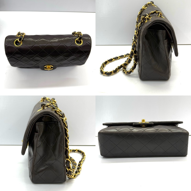 CHANEL 香奈兒 棕色菱格紋羊皮雙蓋肩背包23CM （雷標破損）-3