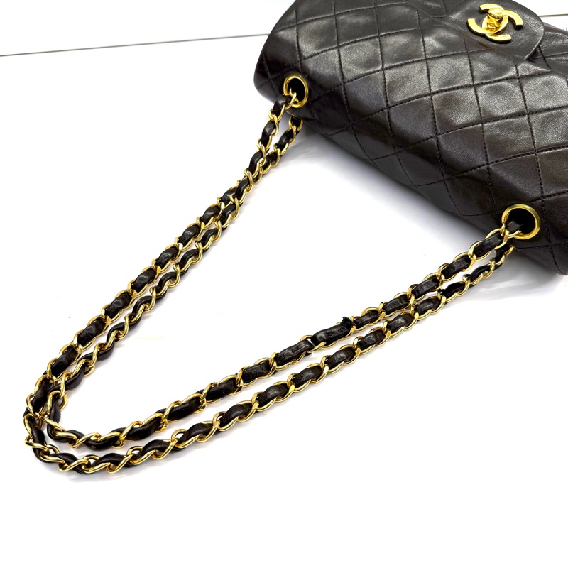 CHANEL 香奈兒 棕色菱格紋羊皮雙蓋肩背包23CM （雷標破損）-5