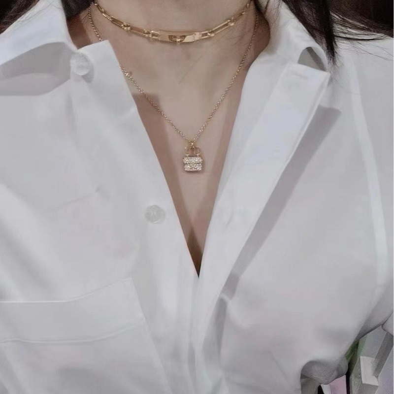 Hermes愛馬仕 玫瑰金滿鑽 康康項鍊-7