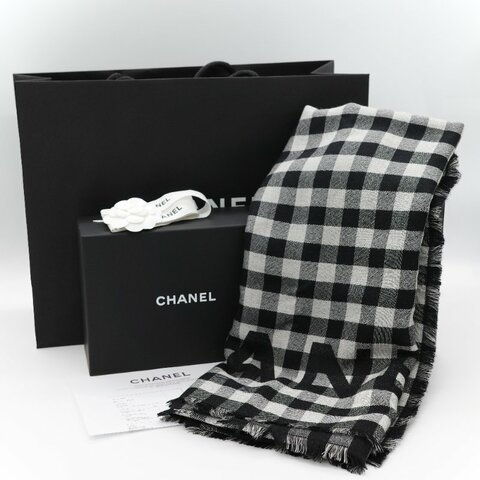 Chanel 香奈兒 經典黑底格紋 羊絨 提花 針織圍巾