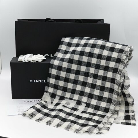 Chanel 香奈兒經典 白底雙色格紋 羊絨 提花 針織圍巾